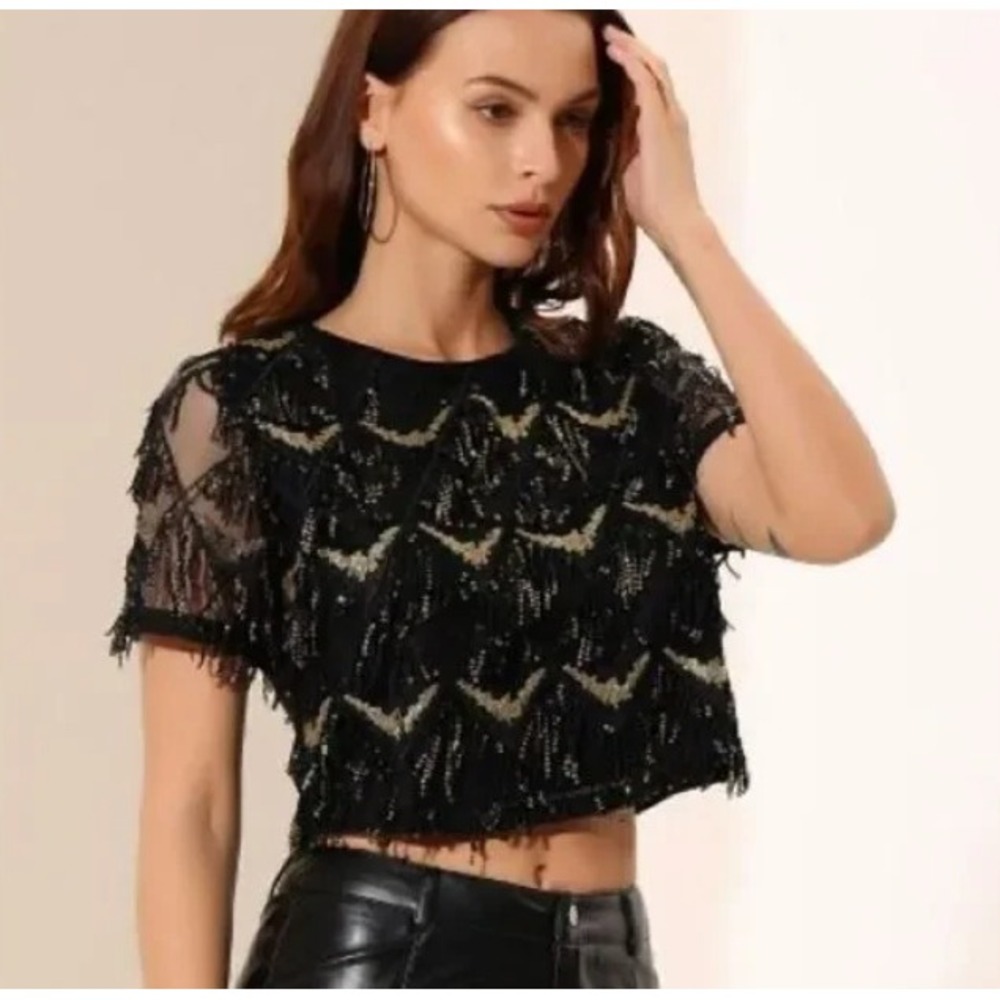 Allegra‎ K Black Gold Sheer Sequin Beaded Crop Top Going Out Art Deco Goth XL